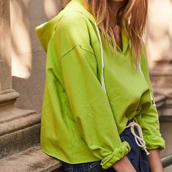 NWT Anthropologie Saturday/Sunday Starry Cropped Hoodie Sweatershirt Green Large - Picture 8 of 8